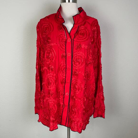 John Mark Red 3D Embellished Button Lagenlook Top XL - Picture 2 of 10